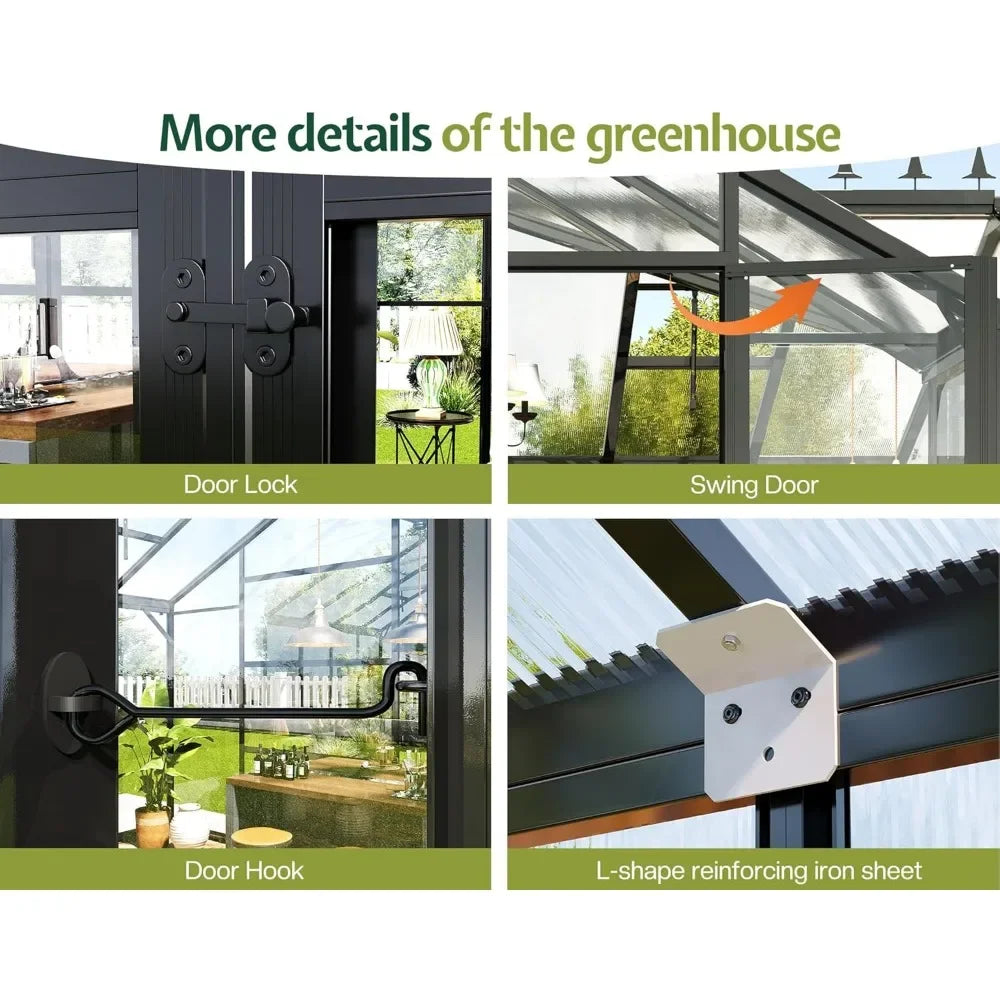 12x10x8 FT Aluminum Walk-in Greenhouse with 2 Vents, 2 Hinged Doors