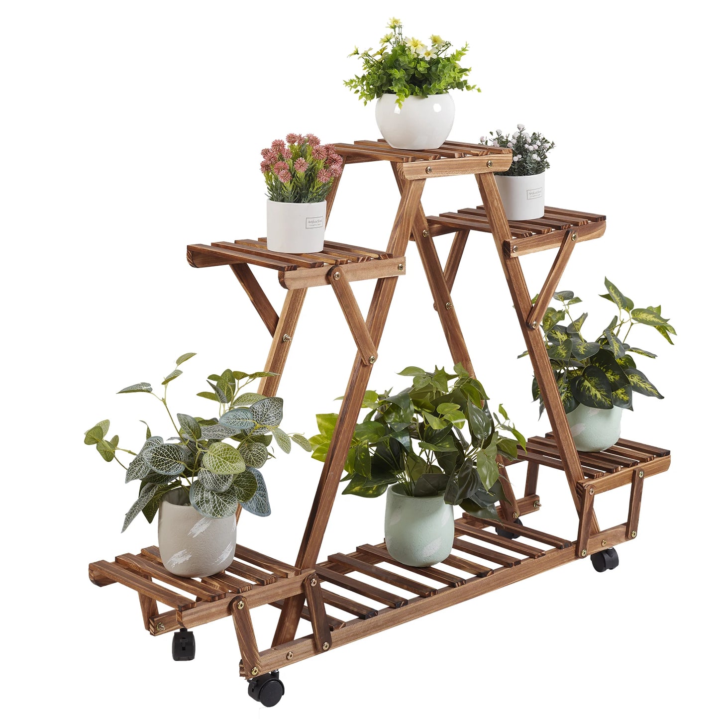 Triangular Plant / Flower Pot Stand Display Storage Rack with Wheels for Garden