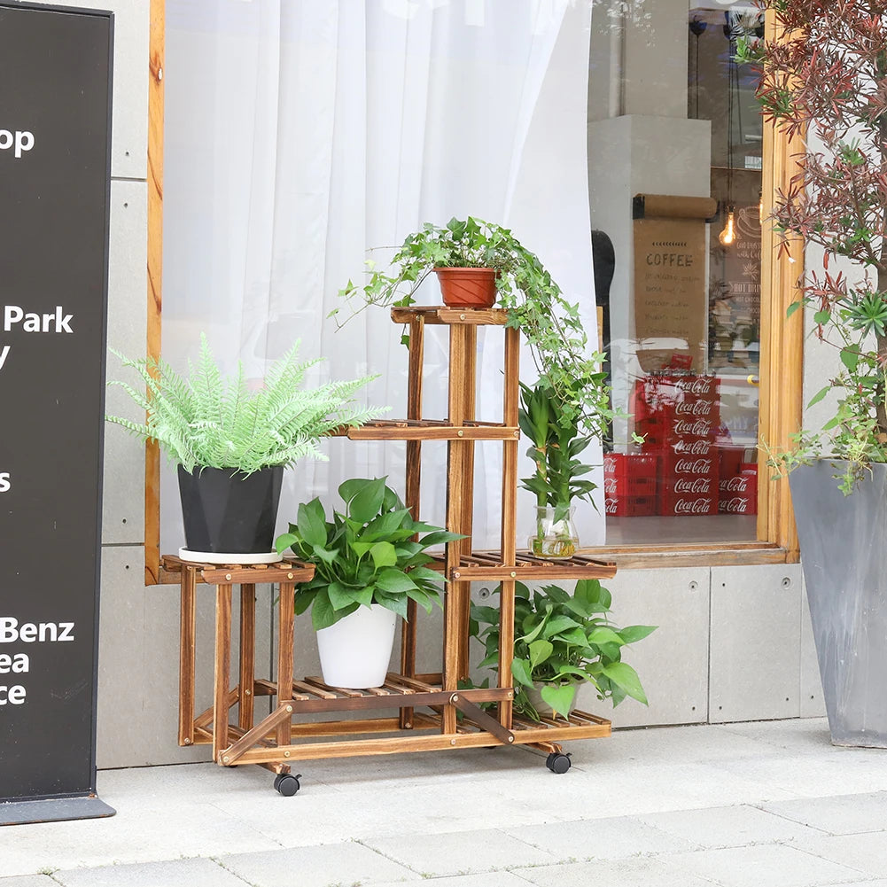 Wooden Plant Stand with Wheels - Multi-Layered