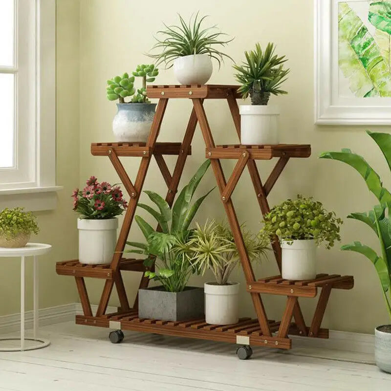 Triangular Plant / Flower Pot Stand Display Storage Rack with Wheels for Garden