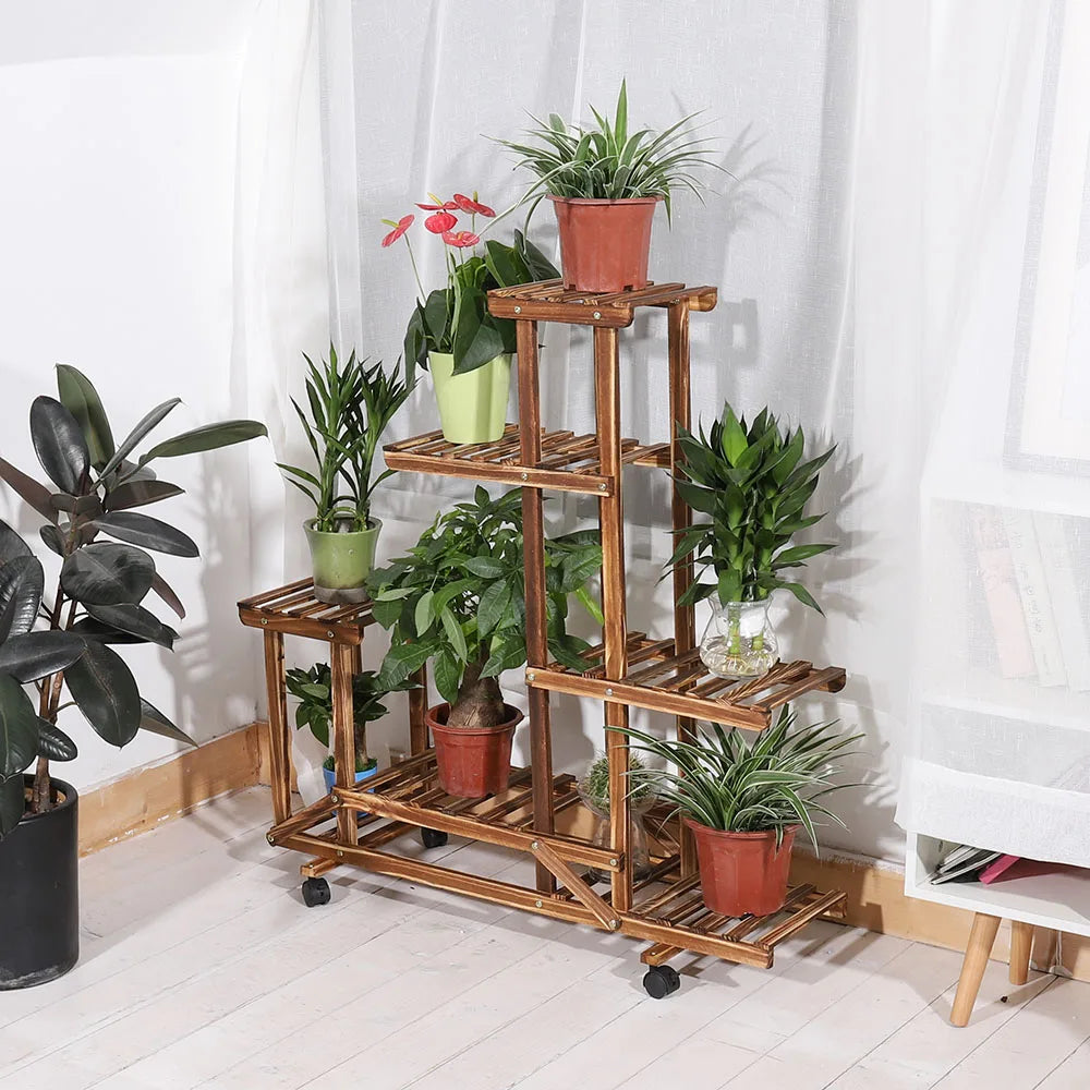 Wooden Plant Stand with Wheels - Multi-Layered