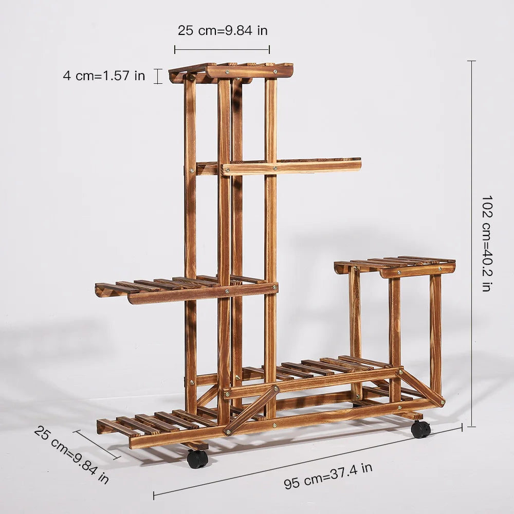 Wooden Plant Stand with Wheels - Multi-Layered