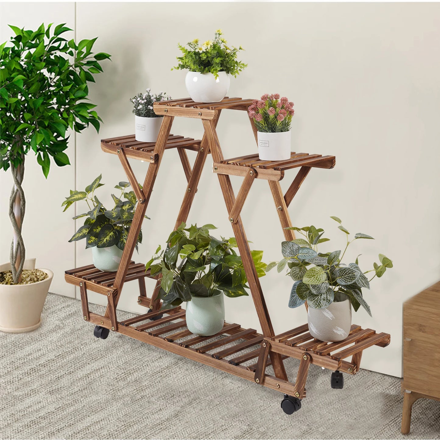 Triangular Plant / Flower Pot Stand Display Storage Rack with Wheels for Garden