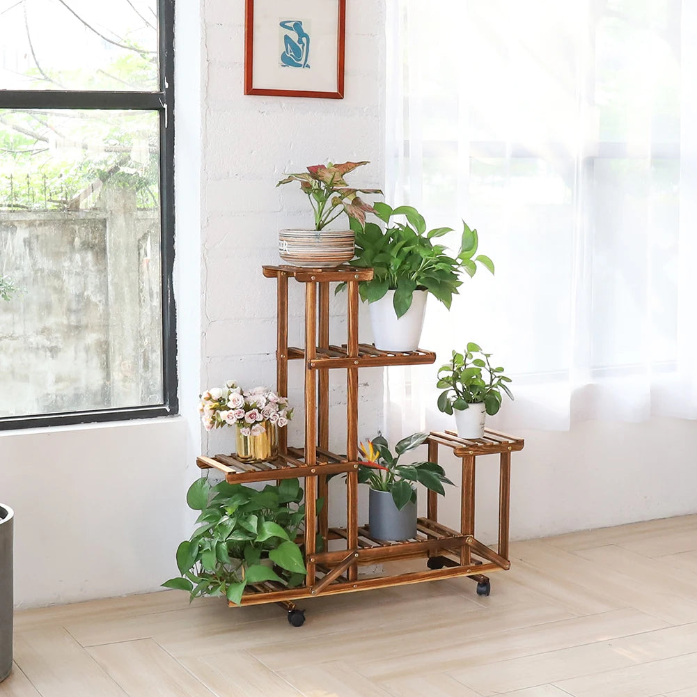 Wooden Plant Stand with Wheels - Multi-Layered