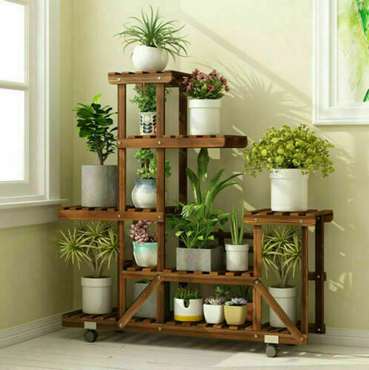 Wooden Plant Stand with Wheels - Multi-Layered