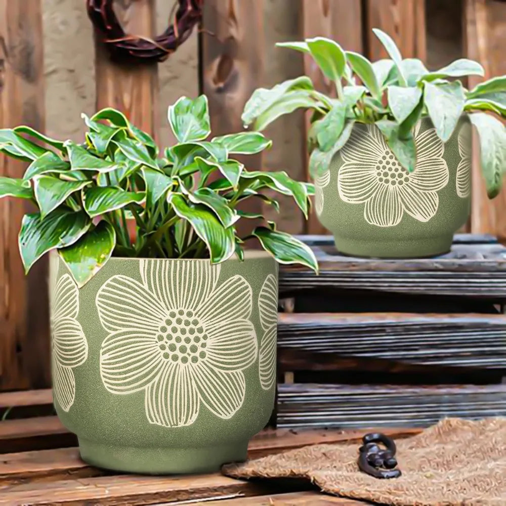 Sand Glazed White Flower Patterned Ceramic Planters with Drainage Hole. Set of two (8 Inch + 6 Inch )