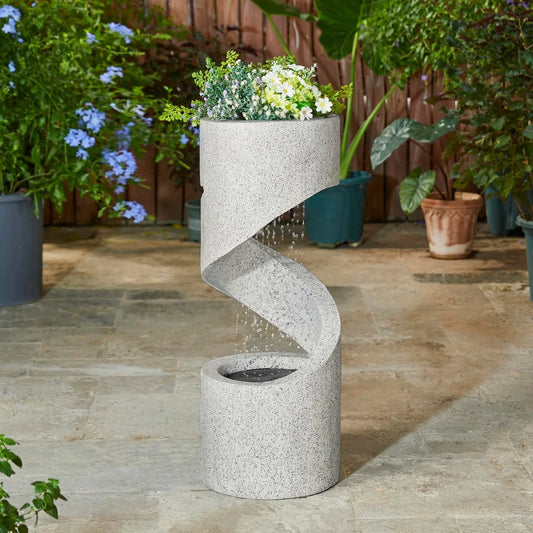 Curved Waterfall Fountain with LED Light and with Stone Planter