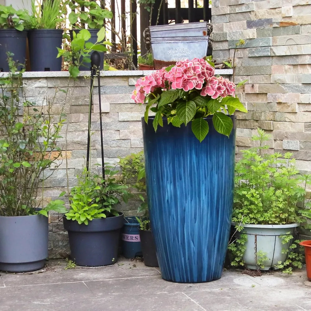 Set of 2 Gradient Blue Glossy Smooth Finish - Tall Plant Pots for Indoor or Outdoor