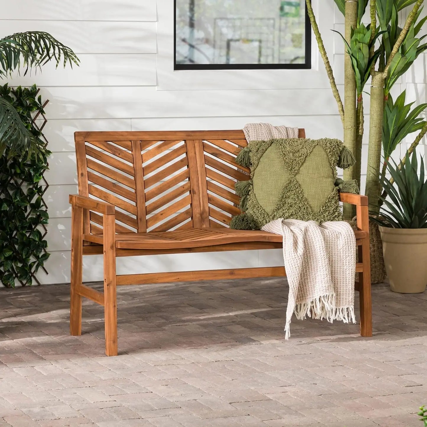 Outdoor Patio Acacia Wood Loveseat Chair, All Weather Backyard,  48 Inch