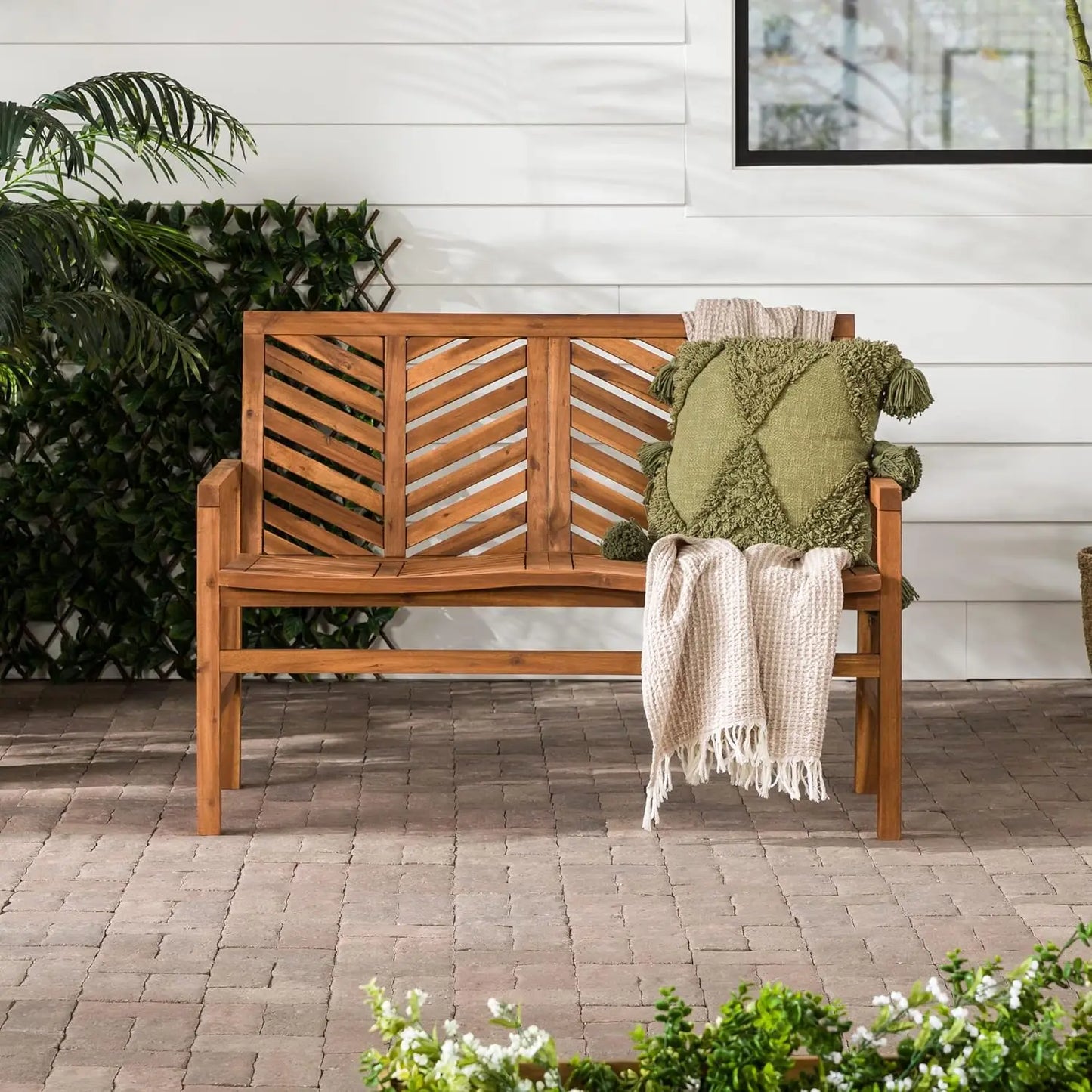 Outdoor Patio Acacia Wood Loveseat Chair, All Weather Backyard,  48 Inch