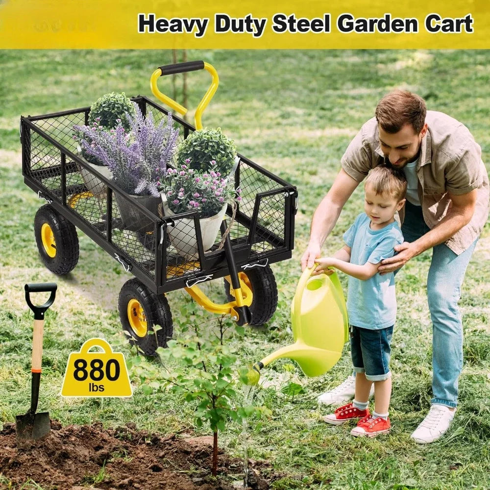 Steel Wagon Cart With 180°Adjustable Handle and Removable Sides for Garden, Yard, Beach, Snow