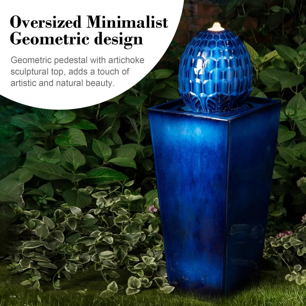 2024  Ceramic Outdoor Water Fountain with LED Light & Submersible Pump Beige or Cobalt Blue