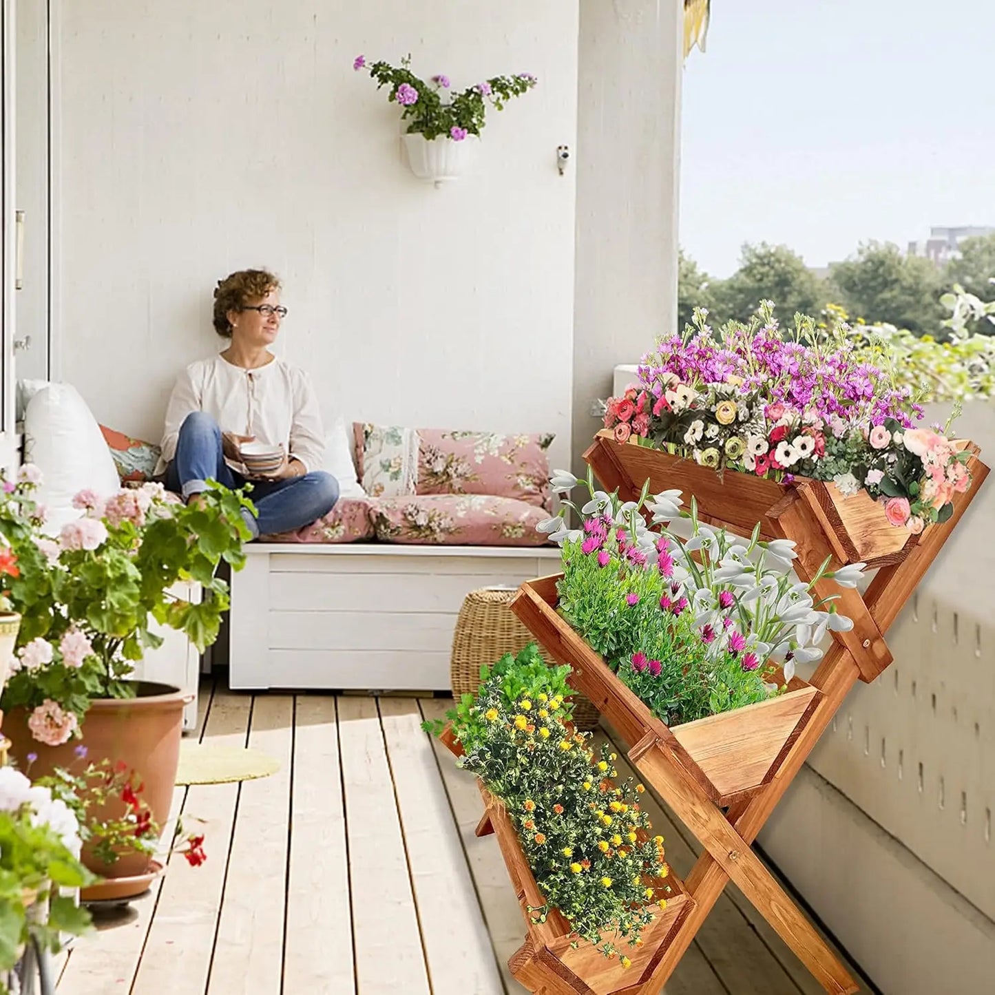 Raised Freestanding Outdoor and Indoor Wooden Plant Stand.