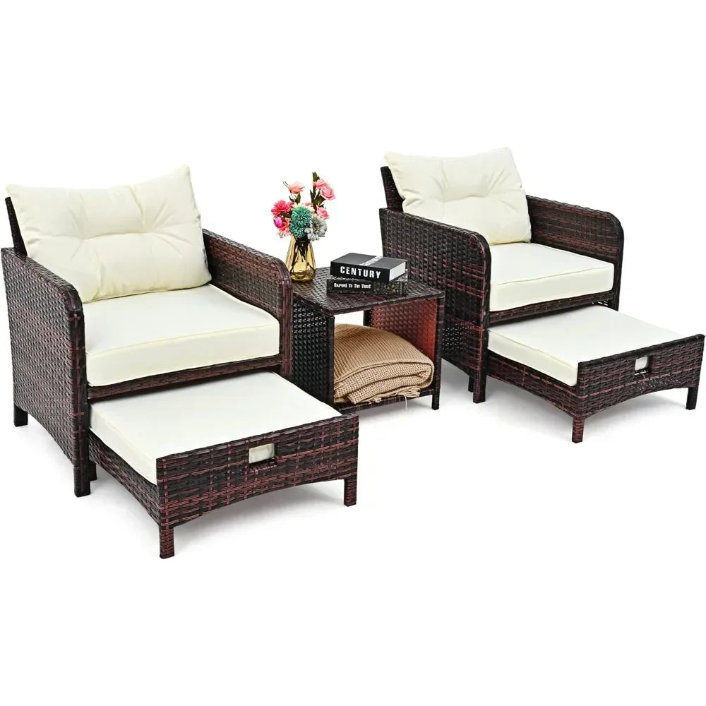 5 Pieces Wicker Patio Chairs with Ottomans and Coffe Table