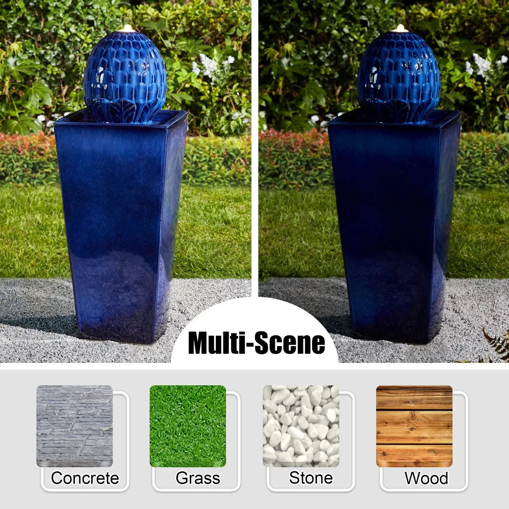 2024  Ceramic Outdoor Water Fountain with LED Light & Submersible Pump Beige or Cobalt Blue