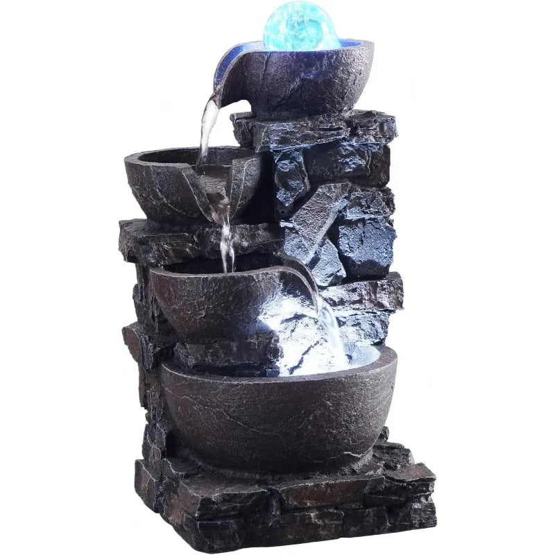 Tabletop Fountain, Four Stone Bowls,  Colorful Lights, Spinning Ball