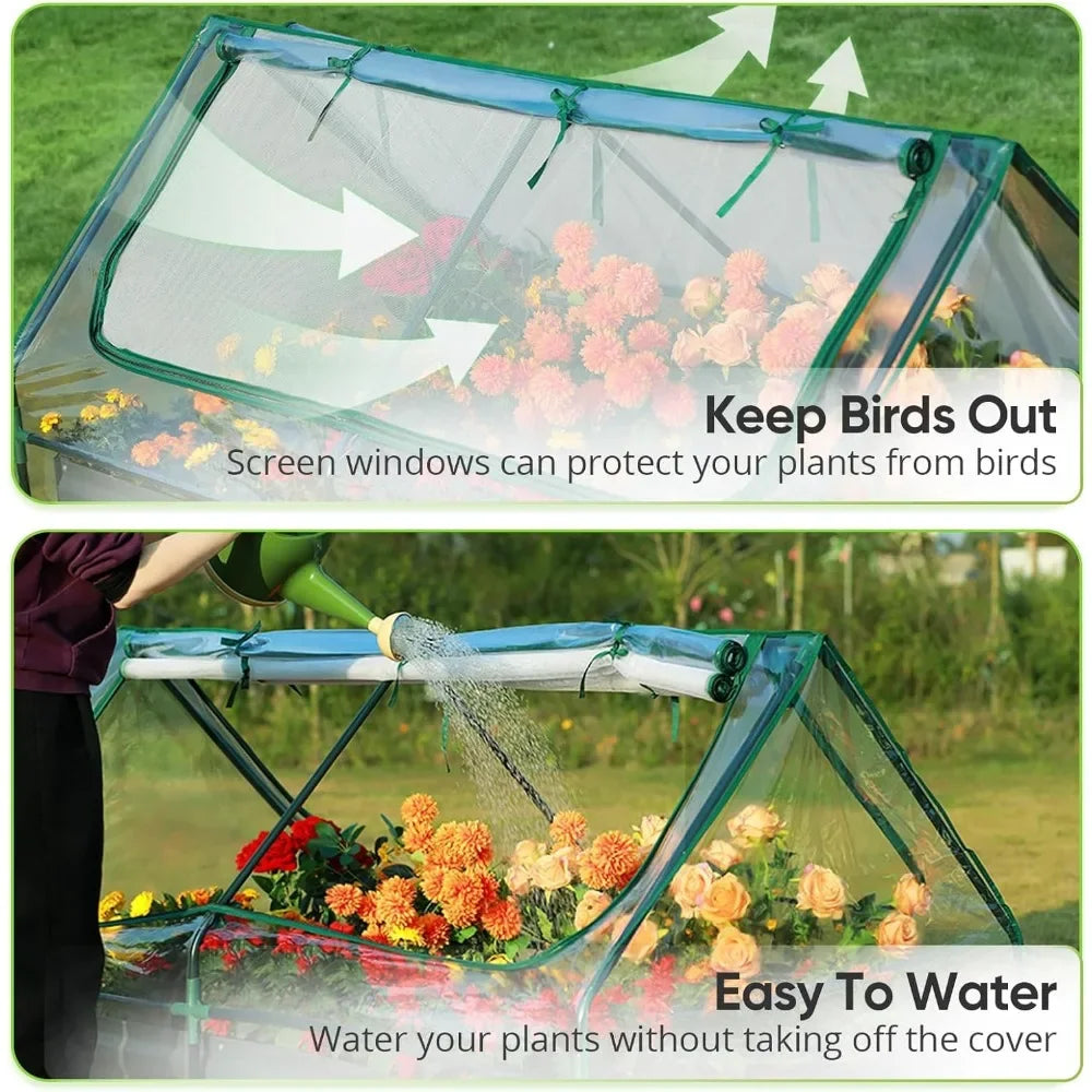 6x3x1ft Galvanized Raised Garden Bed and Mini Greenhouse Cover w/ 2 Large Screen Windows