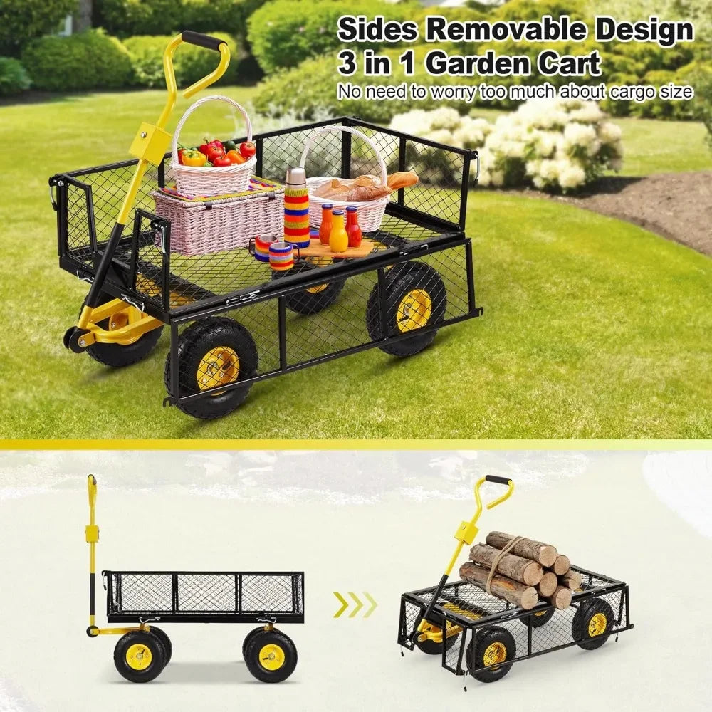 Steel Wagon Cart With 180°Adjustable Handle and Removable Sides for Garden, Yard, Beach, Snow