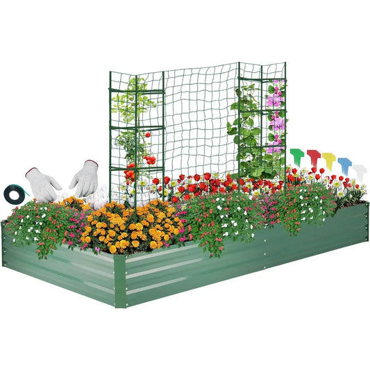 Galvanized Metal Raised Garden Bed for Vegetables /Flowers / Herbs with 2 PCS Tomato Cage, Gloves, Trellis N