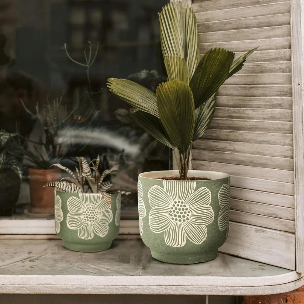 Sand Glazed White Flower Patterned Ceramic Planters with Drainage Hole. Set of two (8 Inch + 6 Inch )