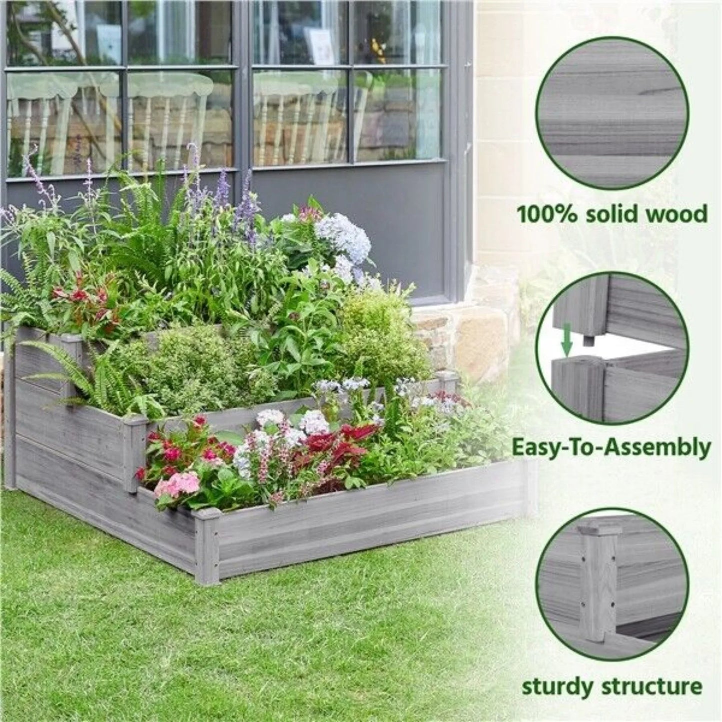 3 Tier Elevated Fir Wood Garden Planter For Vegetable Flowers United States