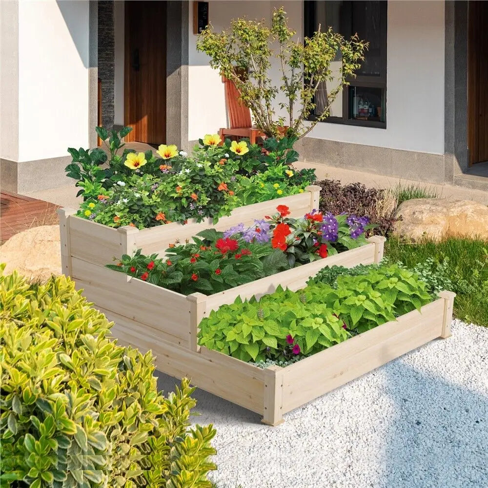 3 Tier Elevated Fir Wood Garden Planter For Vegetable Flowers United States