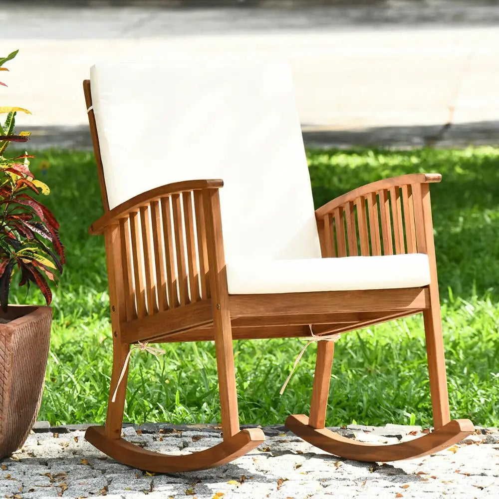 Outdoor Acacia Wood Rocking Chair Patio, Backyard, Garden, Lawn, With Cushion