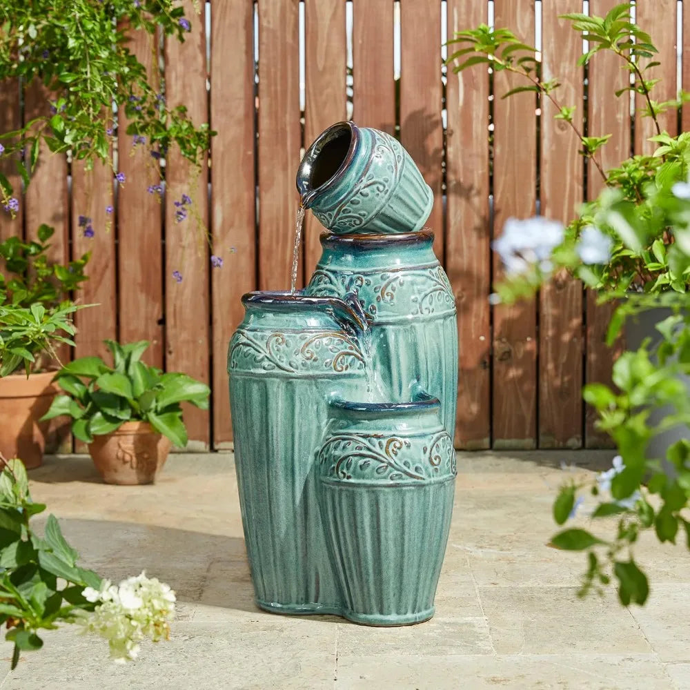 Outdoor Garden Ceramic Pots Cascading Fountain with LED Lights and Pump