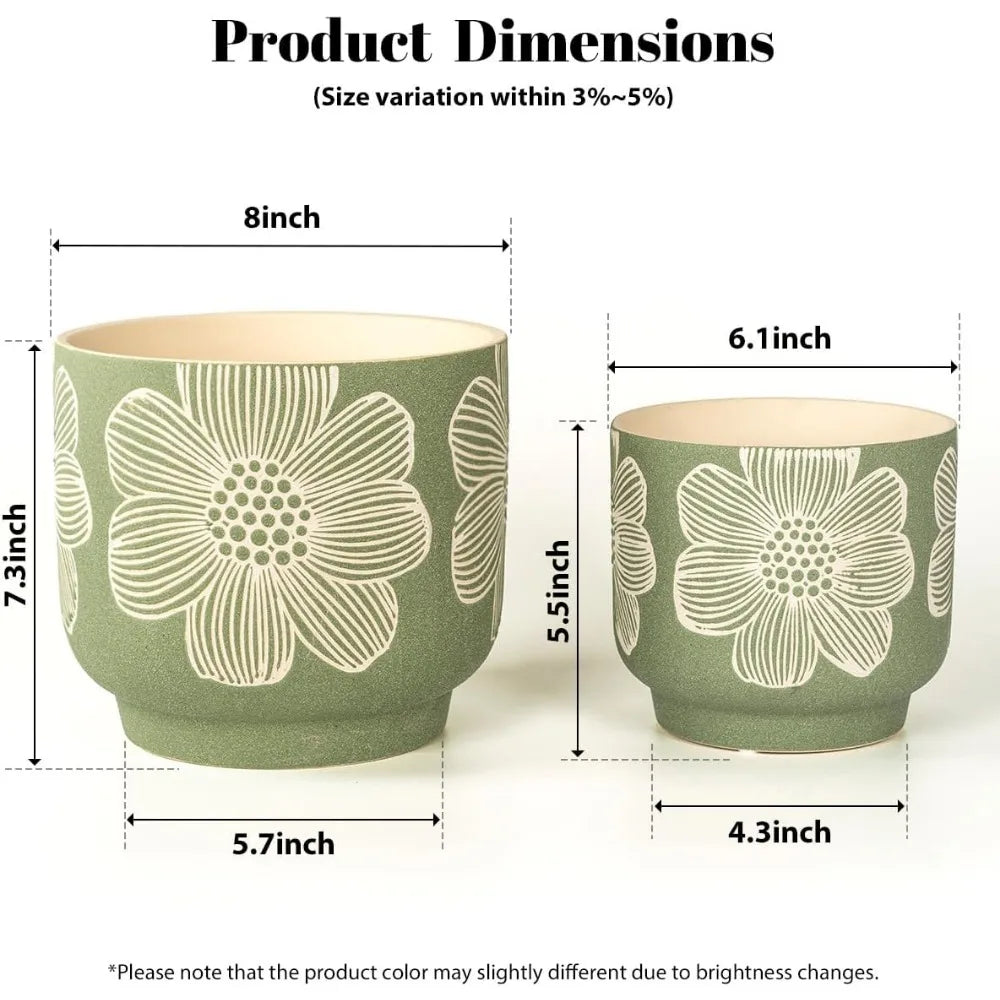 Sand Glazed White Flower Patterned Ceramic Planters with Drainage Hole. Set of two (8 Inch + 6 Inch )