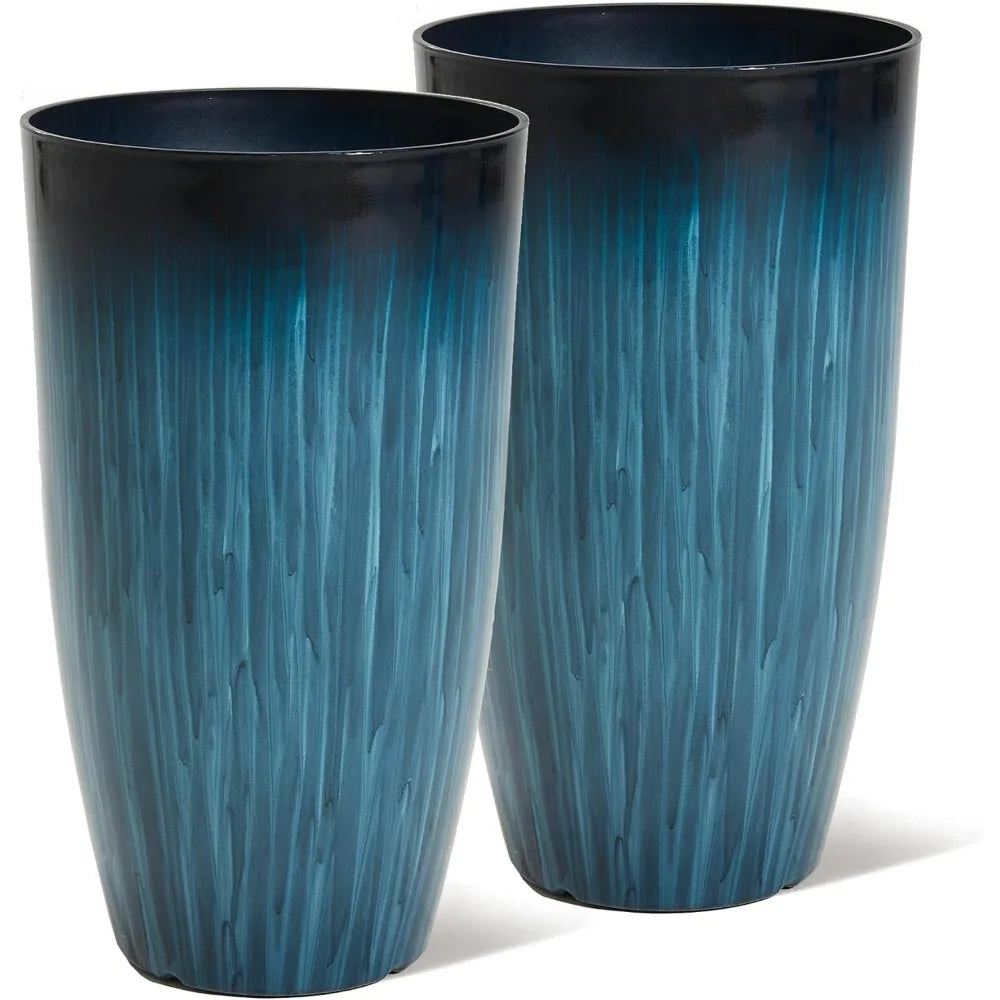 Set of 2 Gradient Blue Glossy Smooth Finish - Tall Plant Pots for Indoor or Outdoor