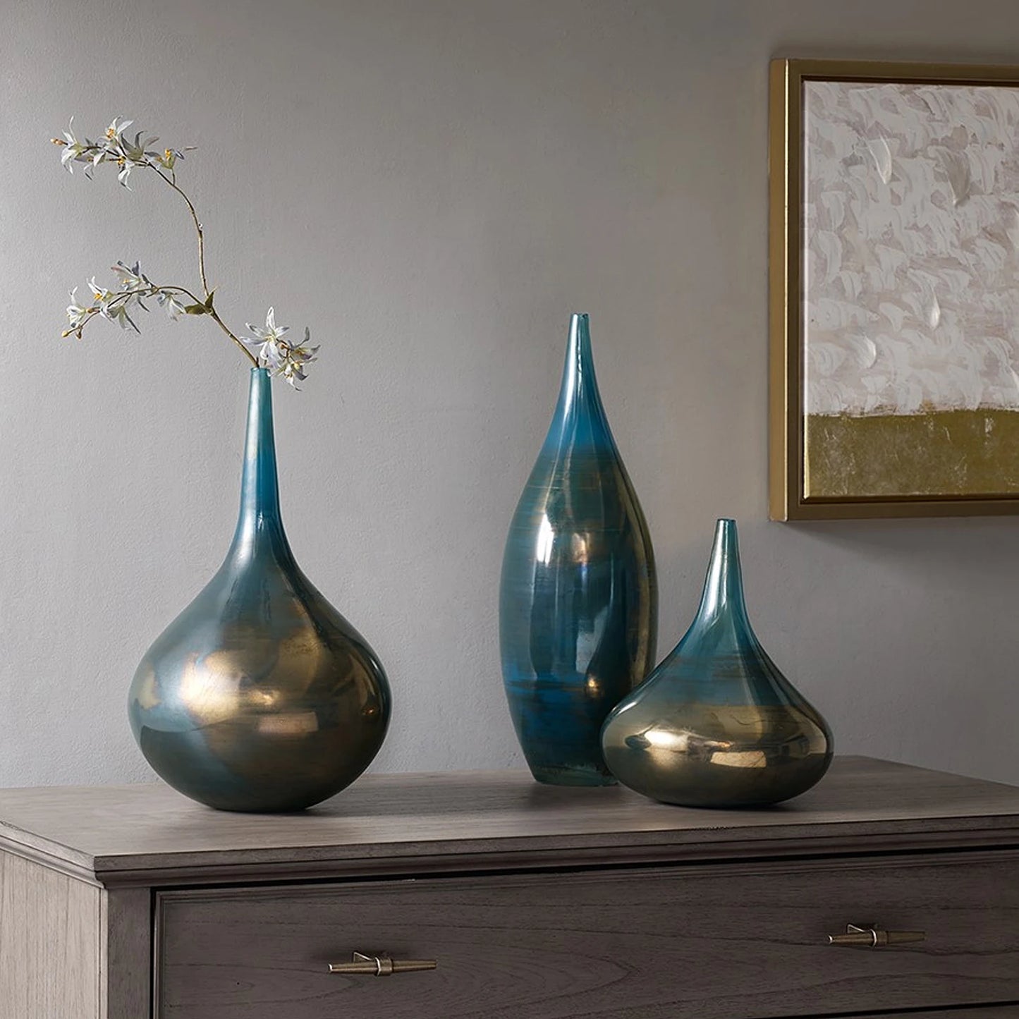 Blue and Bronze Tone Decorative Glass Vases 3-piece set