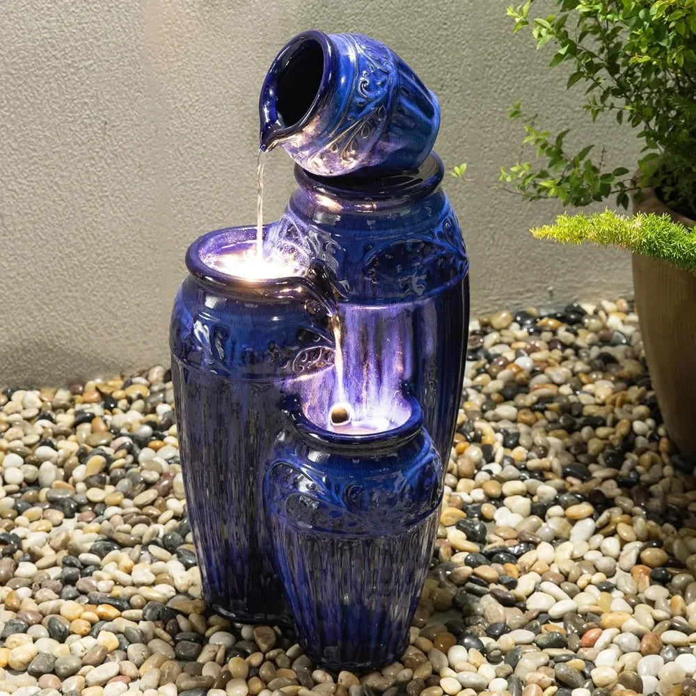 Outdoor Garden Ceramic Pots Cascading Fountain with LED Lights and Pump