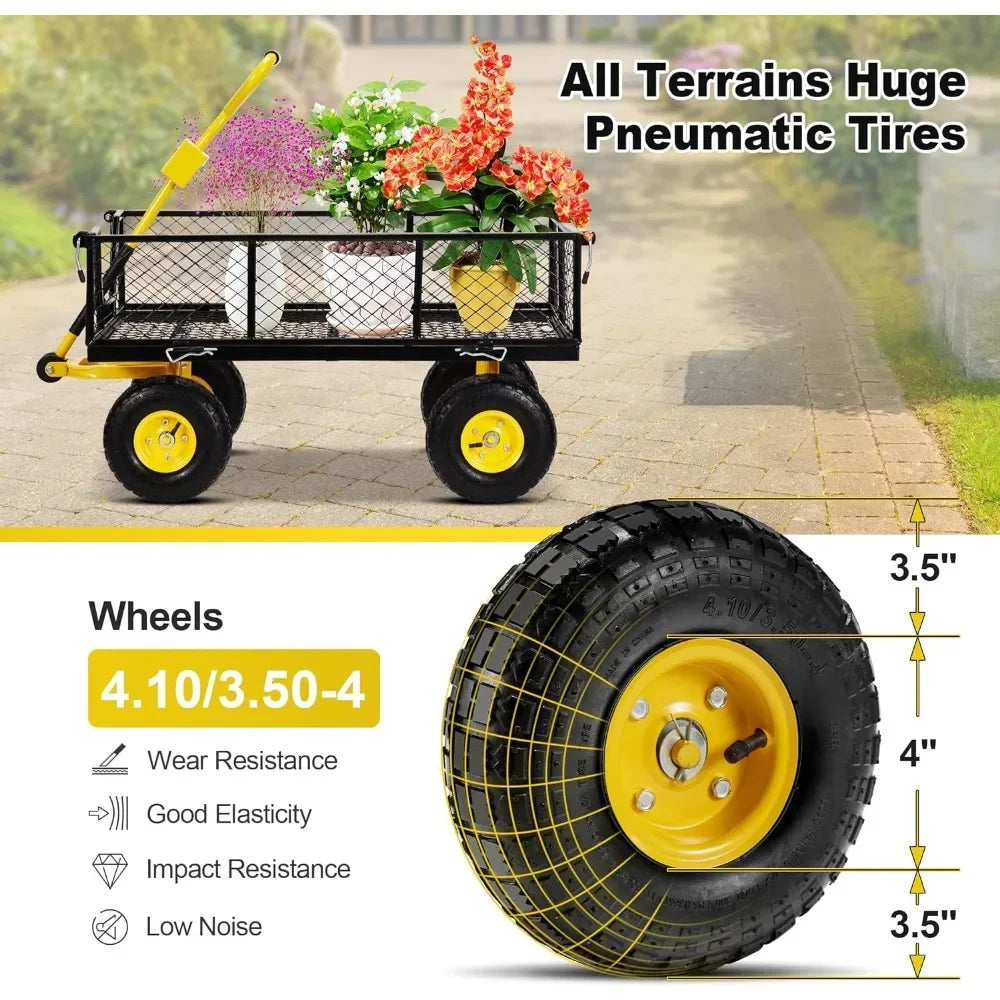 Steel Wagon Cart With 180°Adjustable Handle and Removable Sides for Garden, Yard, Beach, Snow