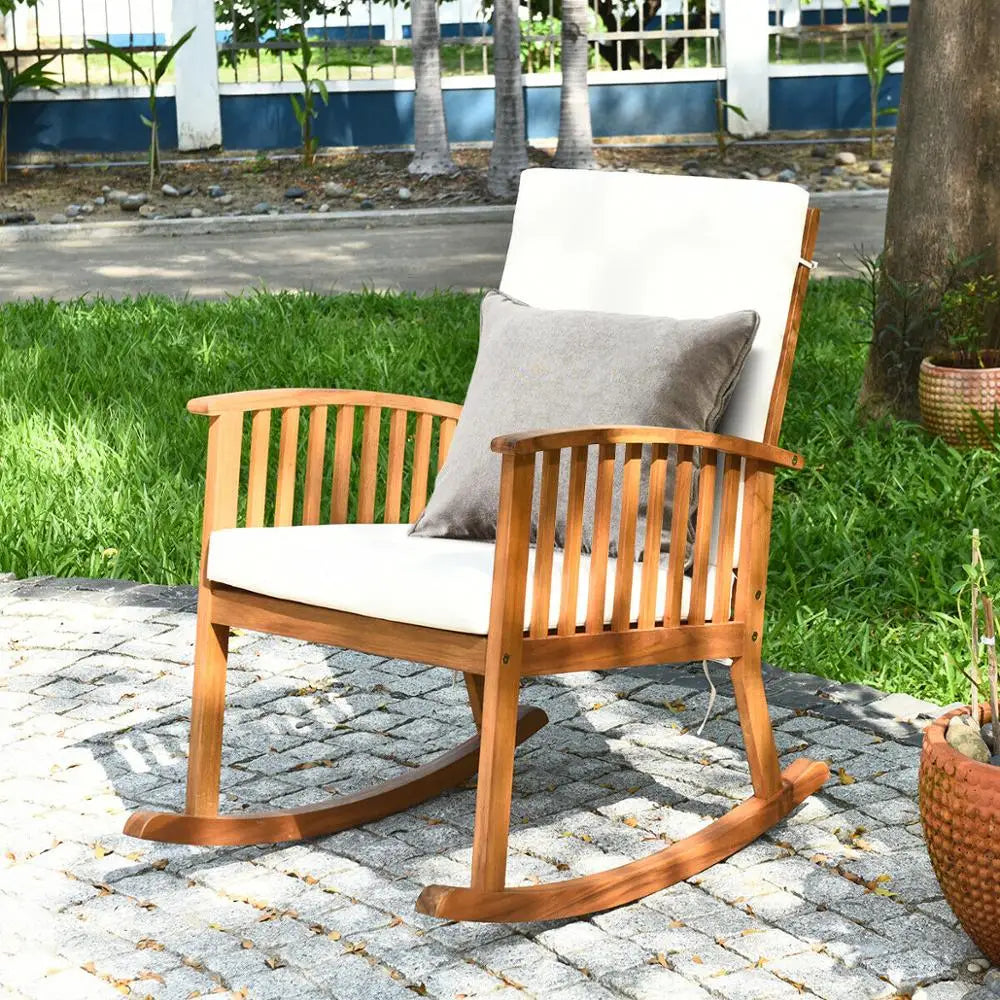 Outdoor Acacia Wood Rocking Chair Patio, Backyard, Garden, Lawn, With Cushion