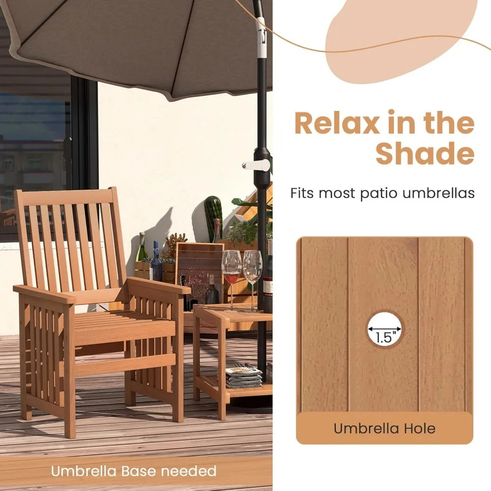 3 Pieces Wooden Patio Furniture Set with 1.5” Umbrella Hole