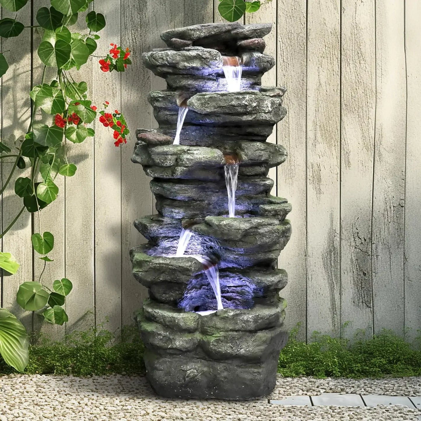 40" High 6-Tiers Cascading Rock Outdoor Water Fountain with LED Lights