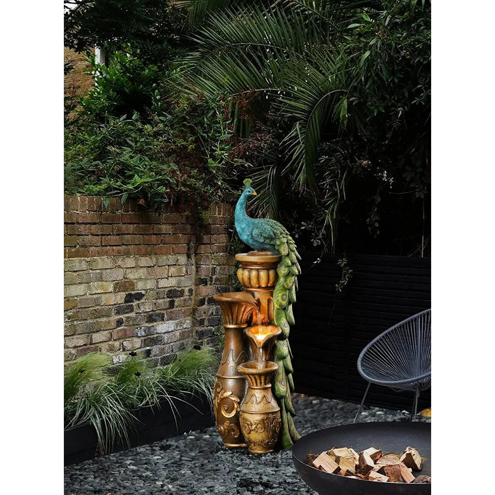 Peacock Pedestal Water Fountain with LED Light