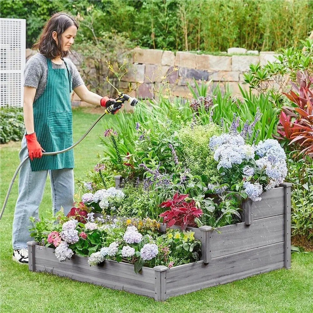 3 Tier Elevated Fir Wood Garden Planter For Vegetable Flowers United States