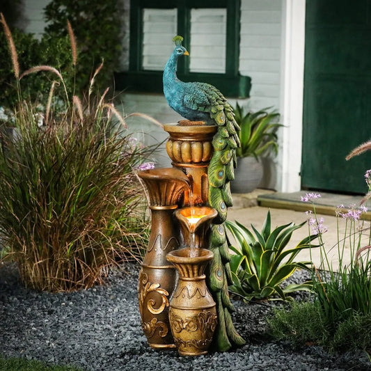 Peacock Pedestal Water Fountain with LED Light