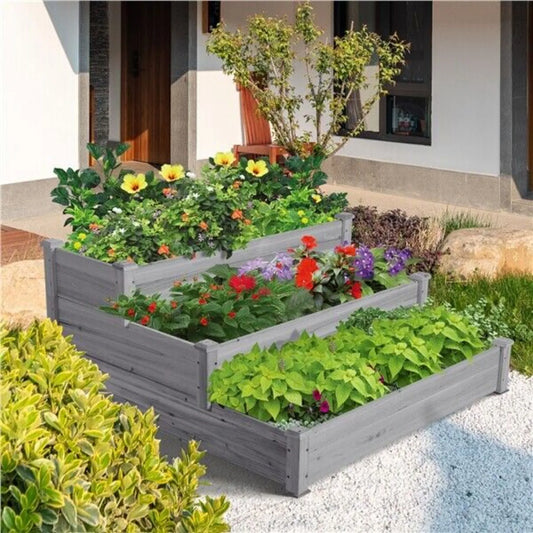 3 Tier Elevated Fir Wood Garden Planter For Vegetable Flowers United States