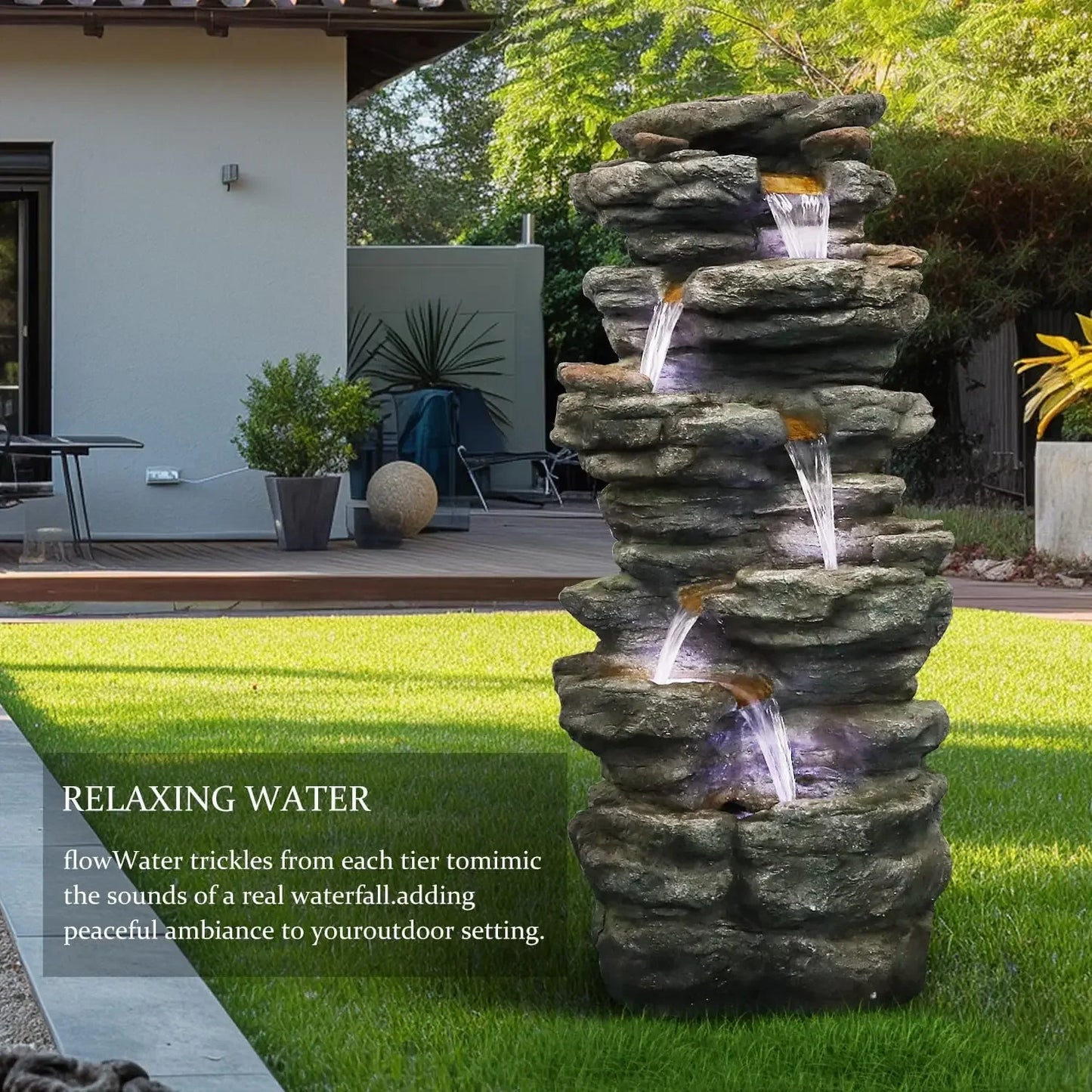 40" High 6-Tiers Cascading Rock Outdoor Water Fountain with LED Lights