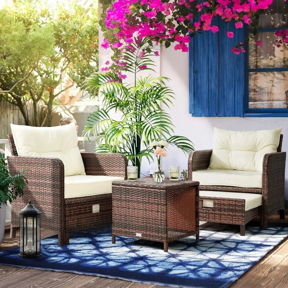 5 Pieces Wicker Patio Chairs with Ottomans and Coffe Table