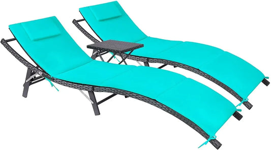 Patio Outdoor Rattan Chaise Lounge Set   with Adjustable Back and Folding Table  (Blue)