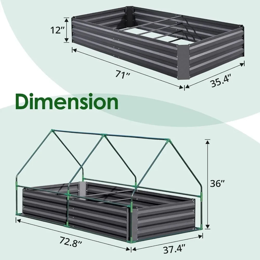 6x3x1ft Galvanized Raised Garden Bed and Mini Greenhouse Cover w/ 2 Large Screen Windows