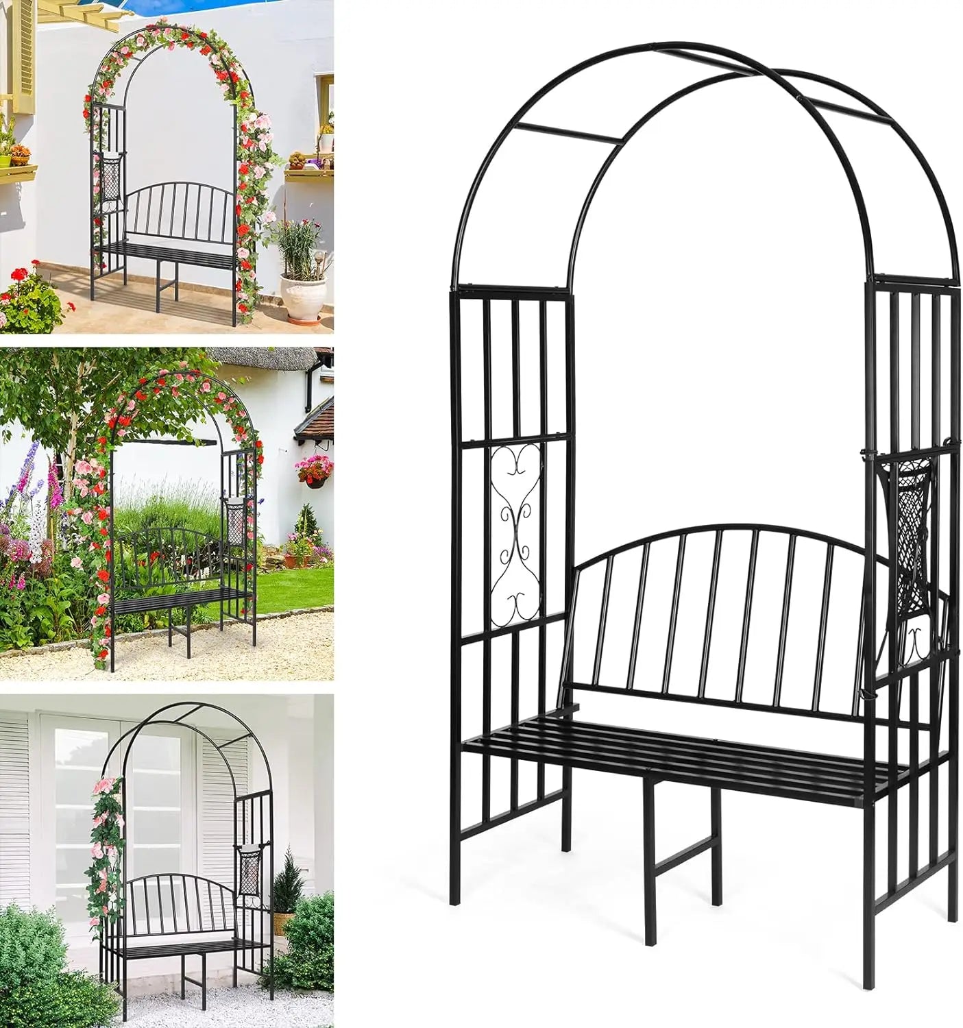 Metal Arbor Archway for Climbing Plant with Wide Seat Bench.