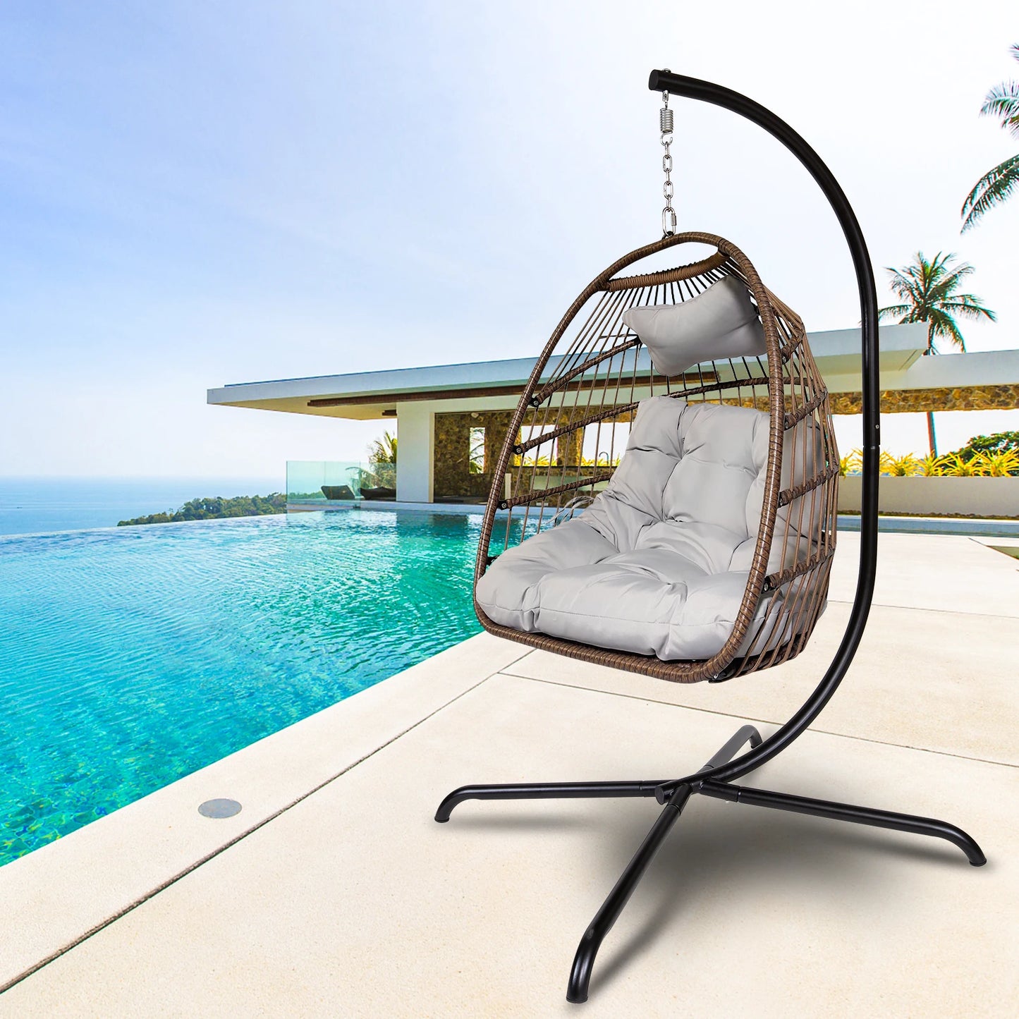 Indoor Outdoor Wicker Rattan Swing Egg Chair with Stand