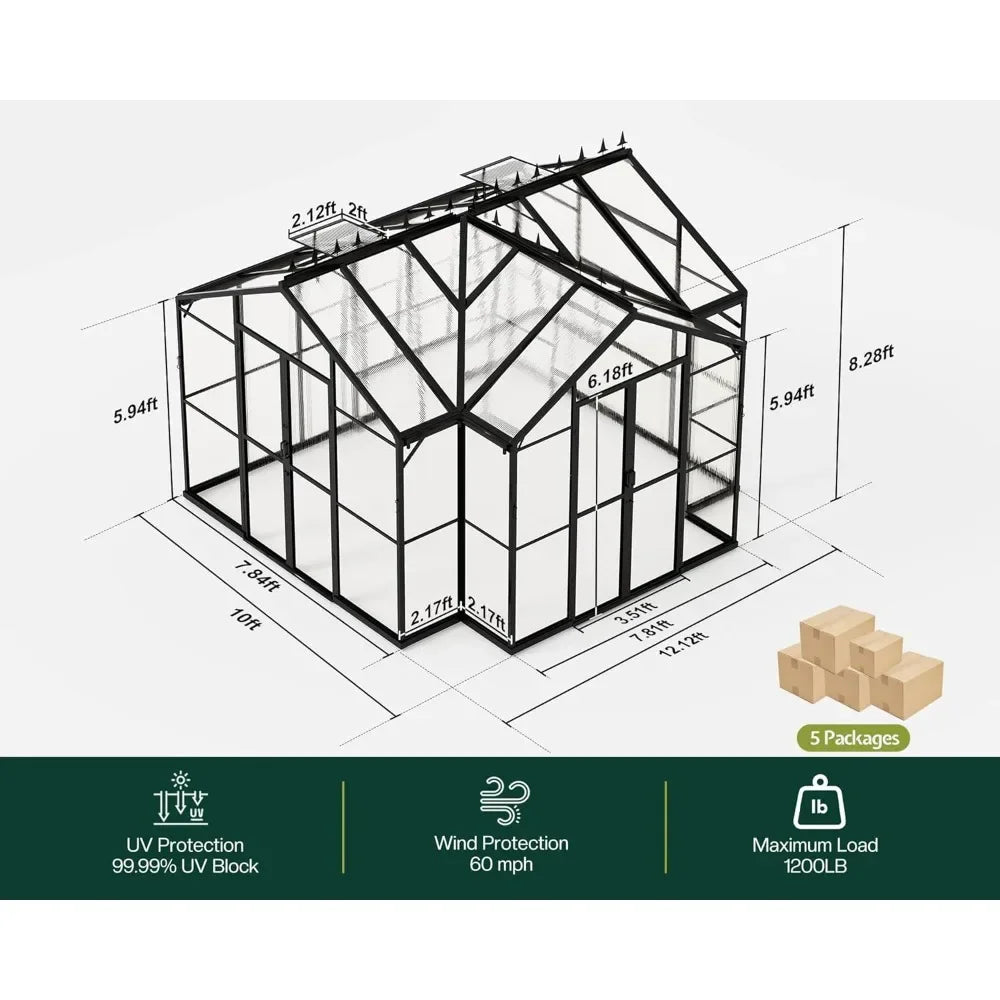 12x10x8 FT Aluminum Walk-in Greenhouse with  2 Vents, 2 Hinged Doors