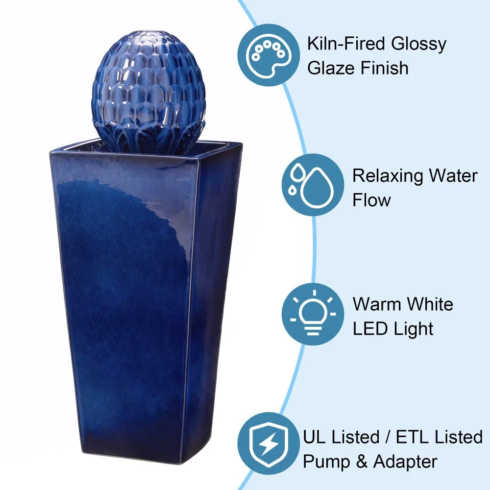 2024  Ceramic Outdoor Water Fountain with LED Light & Submersible Pump Beige or Cobalt Blue