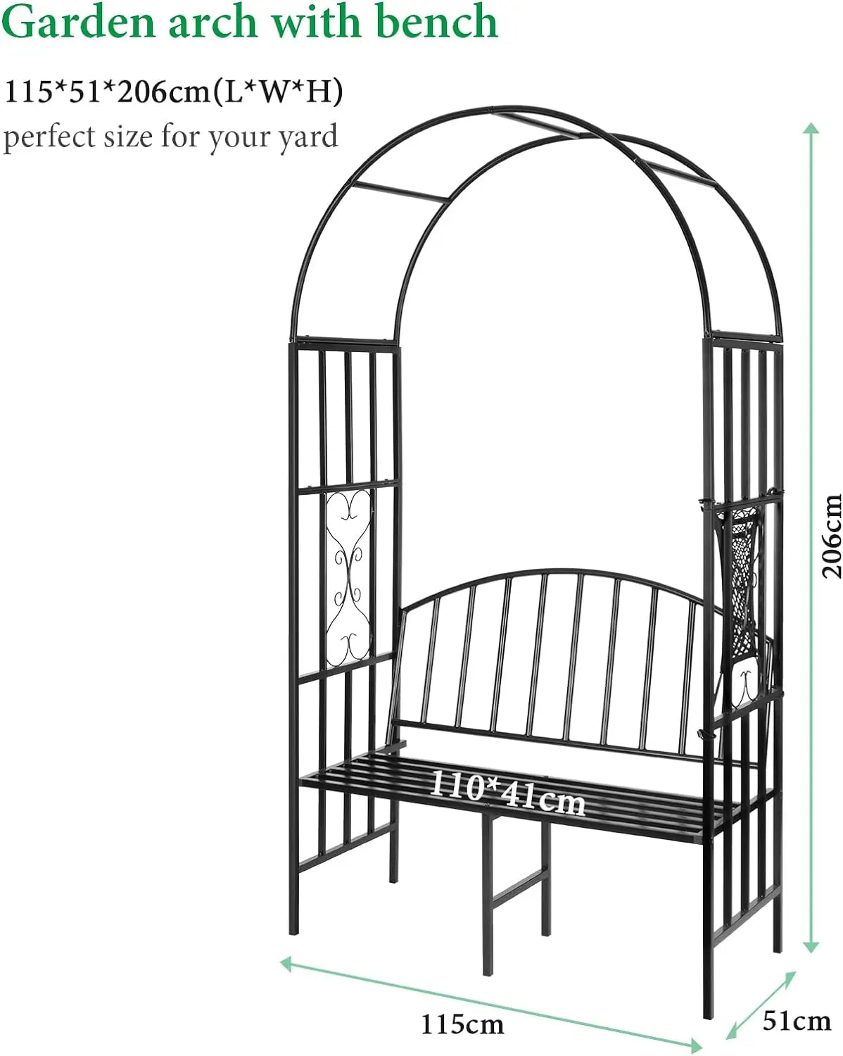 Metal Arbor Archway for Climbing Plant with Wide Seat Bench.