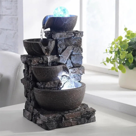 Tabletop Fountain, Four Stone Bowls,  Colorful Lights, Spinning Ball